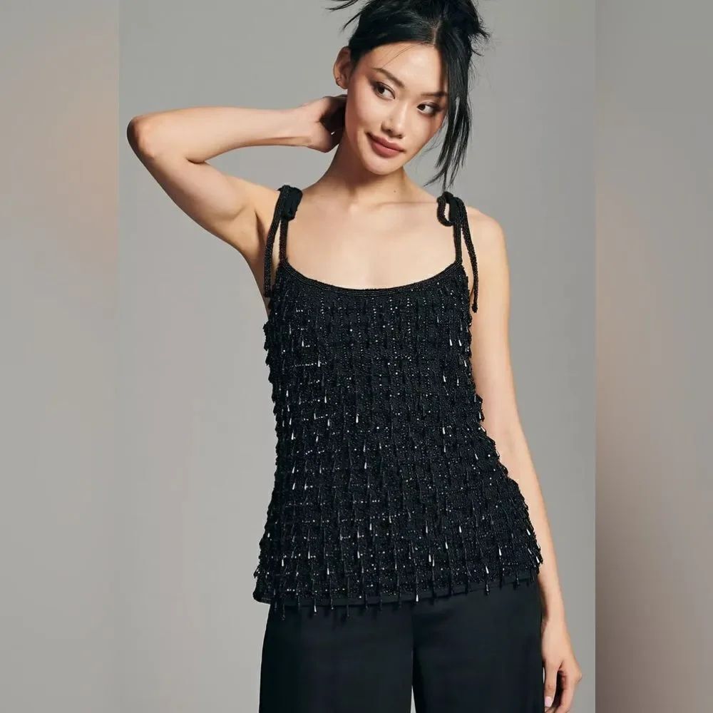 MacDuggal Women's Crystal Embellished SoftTie Cami Top Size SMALL BLACK NWT